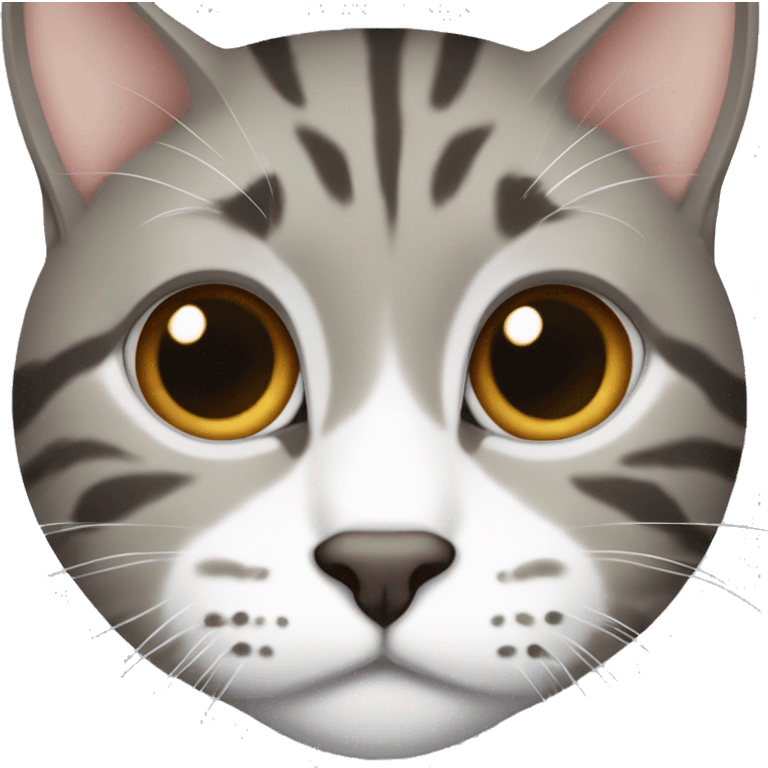 Gray, brown, and white medium hair tabby cat with half of the nose white emoji