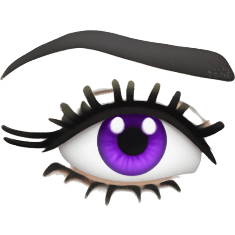 misty green eye with mascara and eyeliner and bright purple emoji