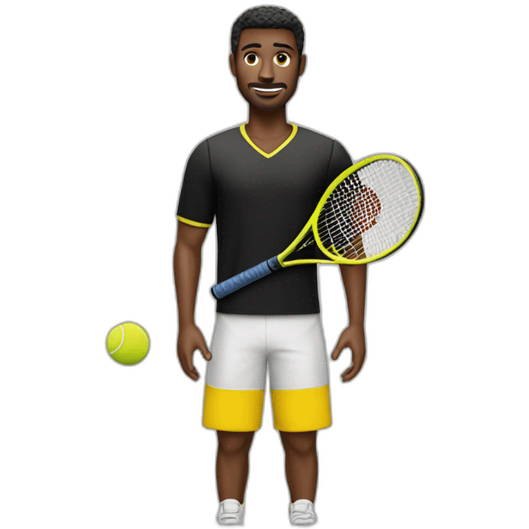 Vecchio uomo vestito di nero e giallo gioca stanco con una racchetta da tennis emoji