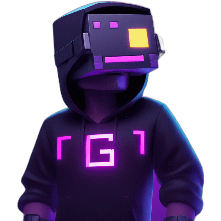 Minecraft steve wearing a black hoodie with "OMG" letters on it and VR headset in a cyberpunk VR environment with violet neon lighting. emoji