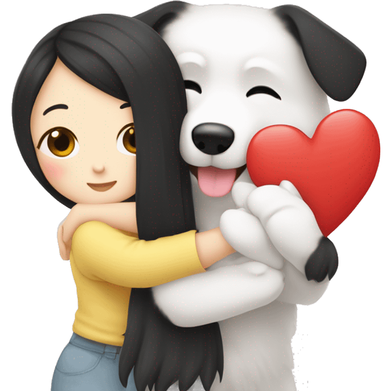 Japanese spitz dog hug black hair girl+heart emoji