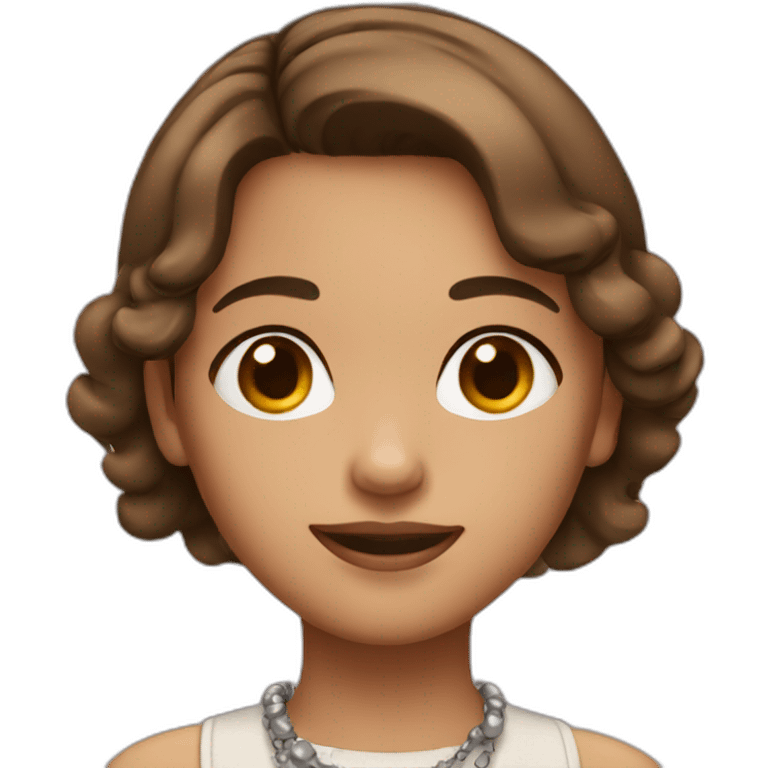 A girl with brown eyes brown short hair wearing necklace emoji