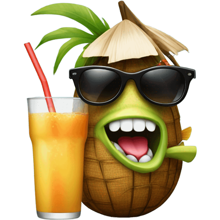 fish drinking a coconut drink with sunglasses on emoji