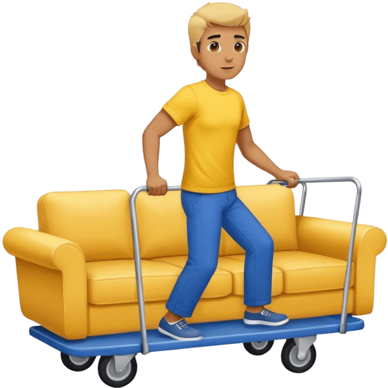 man in blue pants and yellow t-shirt, moving a sofa on trolly emoji