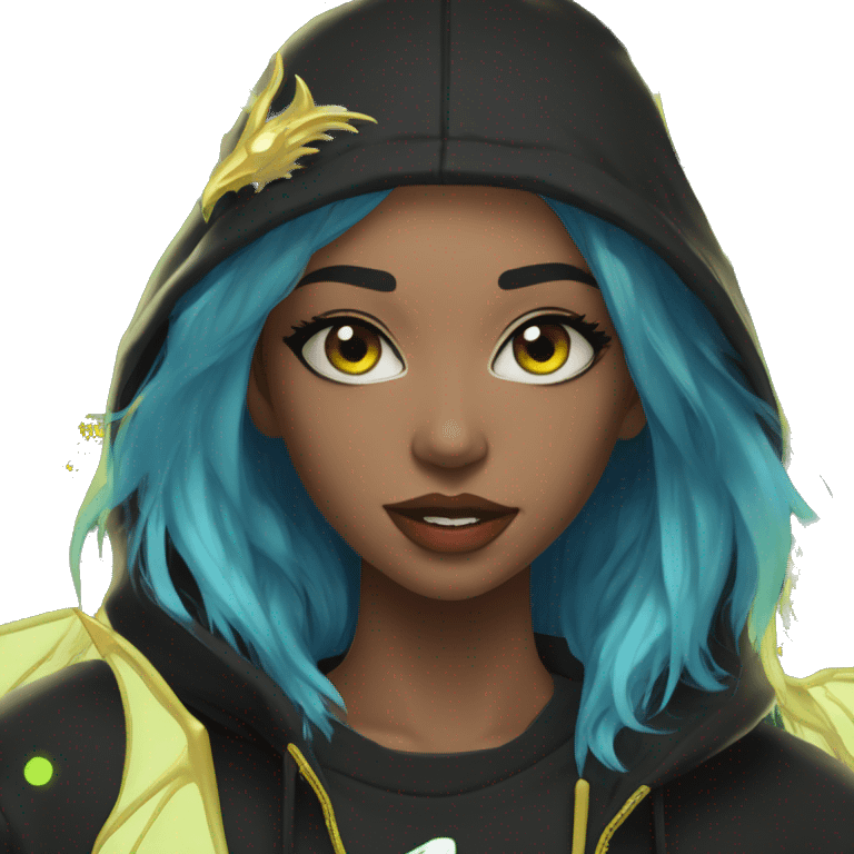 Lady with brunette and iridescent blue hair, gold, lime green dragon wings, black hoodie, bleach dyed, black and gold Nike t shirt, and bright red eyes emoji