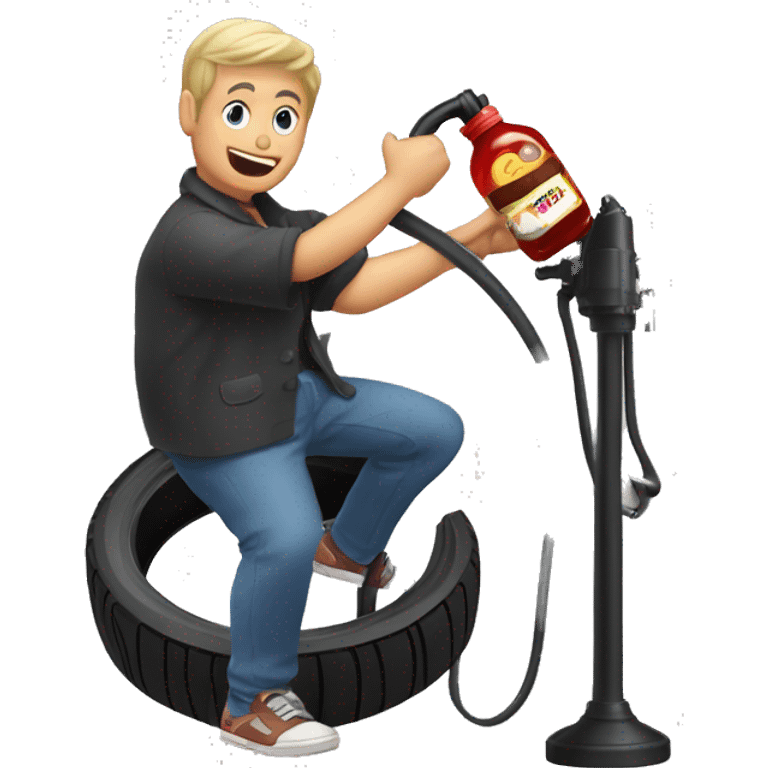 image of a midget using a tyre pump to pump a jar of jam emoji