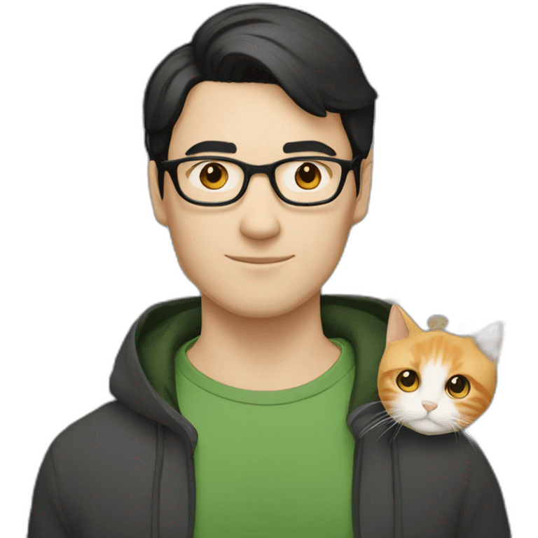 Man with green eyes, black short hair, white skin, with glasses, hold Persian orange cat emoji