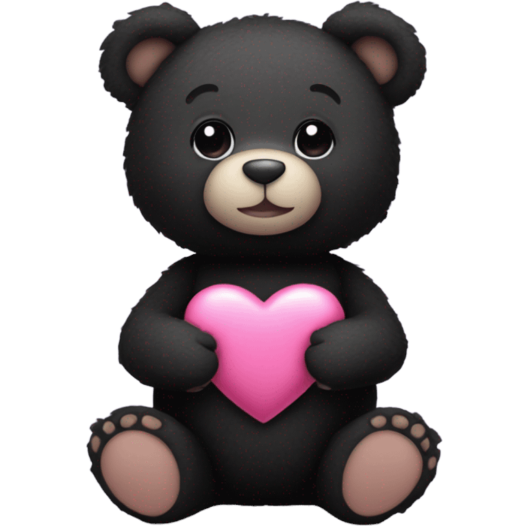 black teddy bear holding a pink heart with an A on it emoji