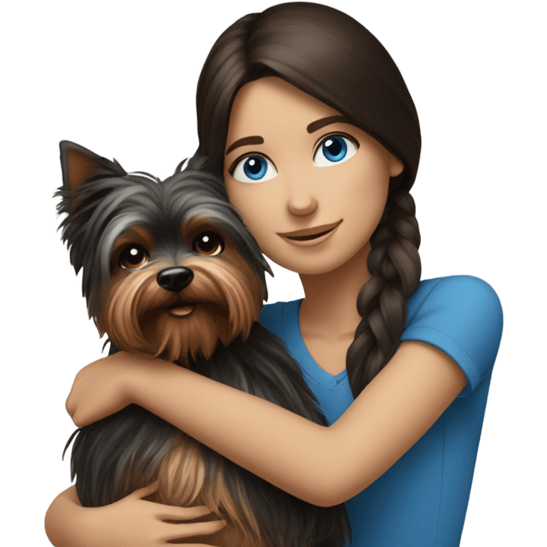 Realistic brunette girl with bright blue eyes hugging Yorkshire terrier  emoji