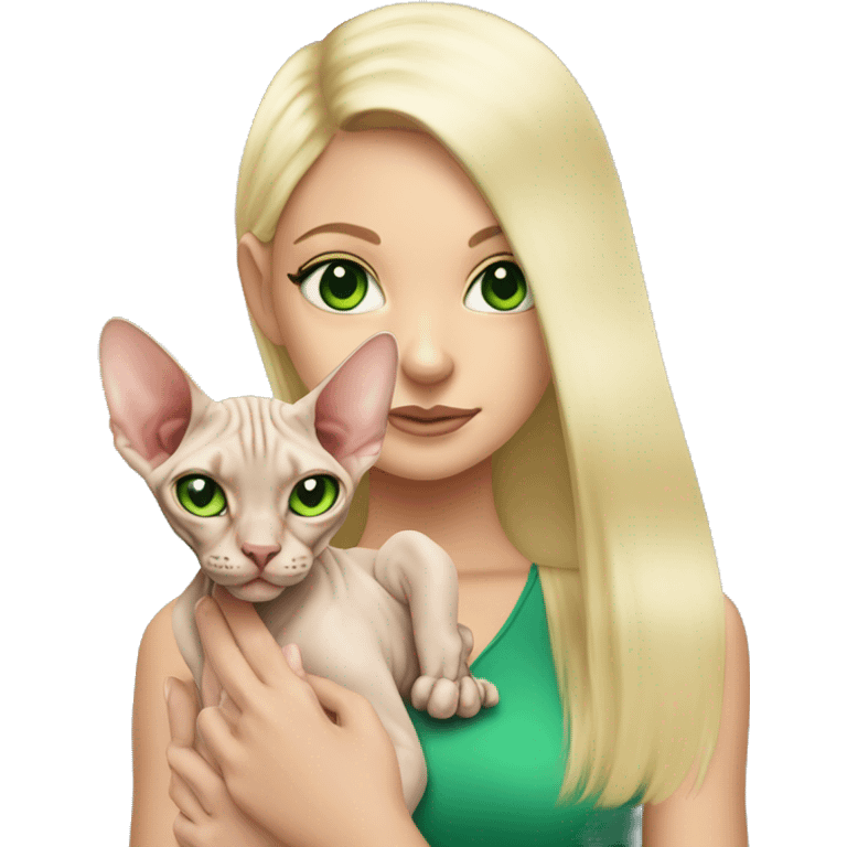 Sphynx cat with green eyes being held by pretty blonde girl  emoji