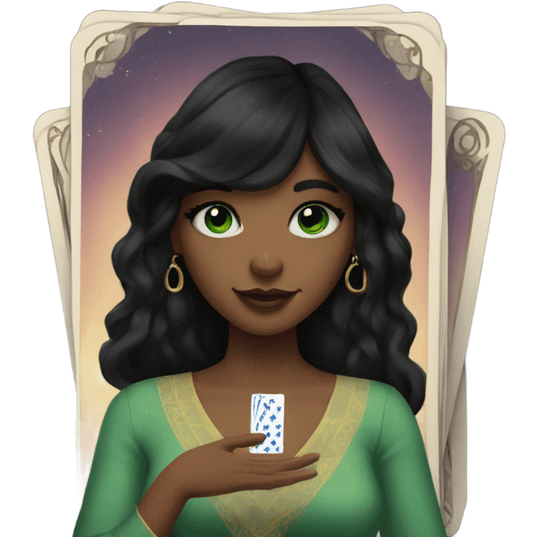 Girl with green eyes black hair and nose ring piercing with taro cards emoji