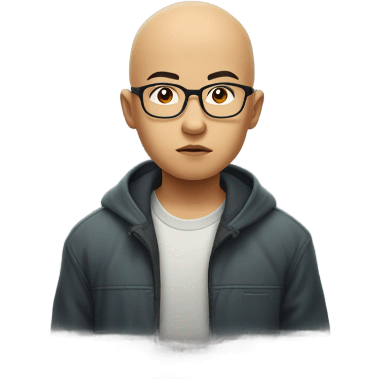  a bald Asian young boy, in glasses, very confused. thinking deeply emoji