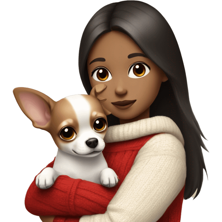 A girl with white skin color with black eyes and brown hair in red sweater hugs white Chihuahua emoji