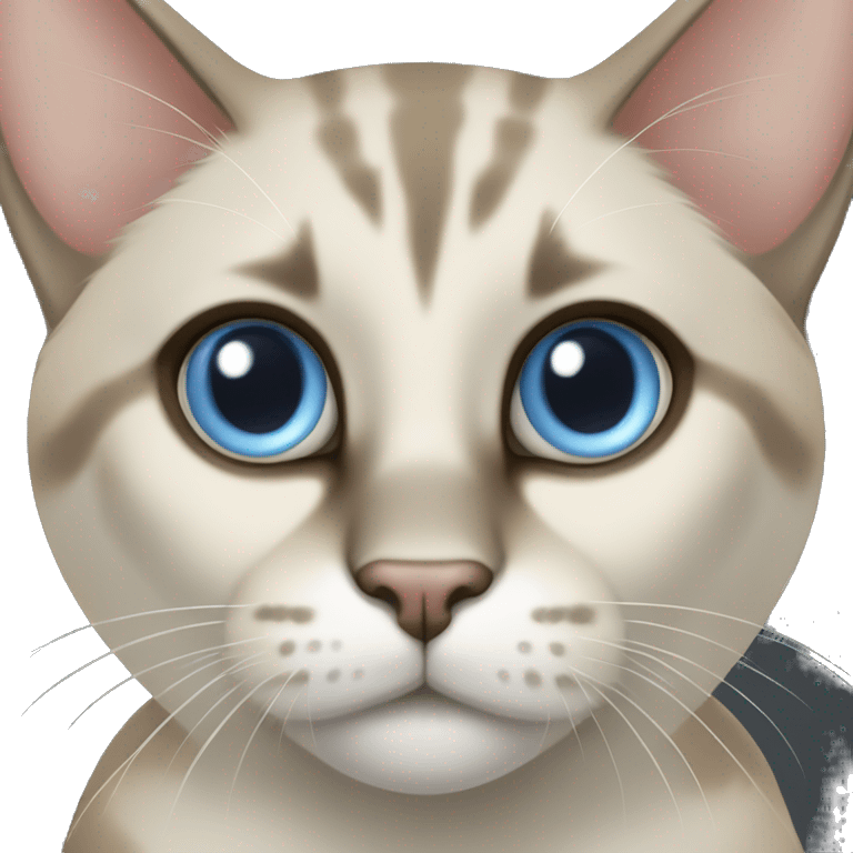 Thai breed adult cat with a light cream-brown body, dark gray nose and face, ears, and paws. sharp ears, and striking light blue eyes  emoji