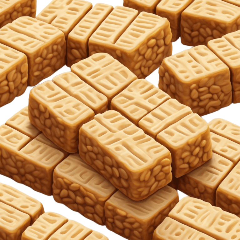 Tempeh Cinematic Realistic Tempeh Dish Emoji, depicted as crispy, sliced portions of fermented soy cake with a golden-brown finish, rendered with detailed textures and warm, inviting lighting. emoji