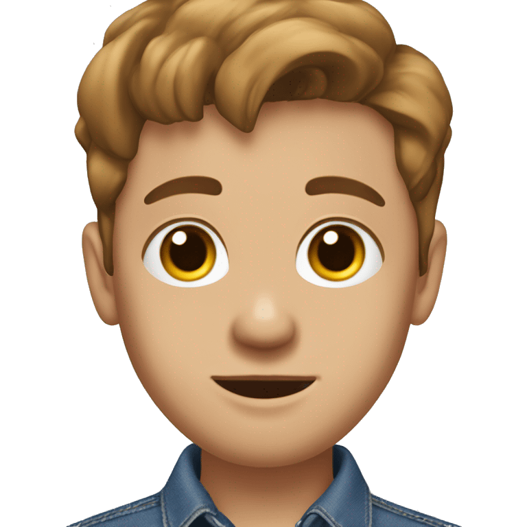 young white adult, with brown hair and eyes, denim dress blouse, silver earring in his left ear and a mole on his left cheekbone. emoji