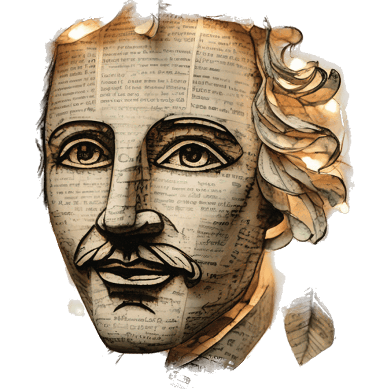 Glowing Shakespeare made of newspaper and 420 hemp leaves and bokeh fairy lights lanterns stained glass, bokeh, annotated sketch, handwritten letters, collage of intricate patterns, lantern emoji