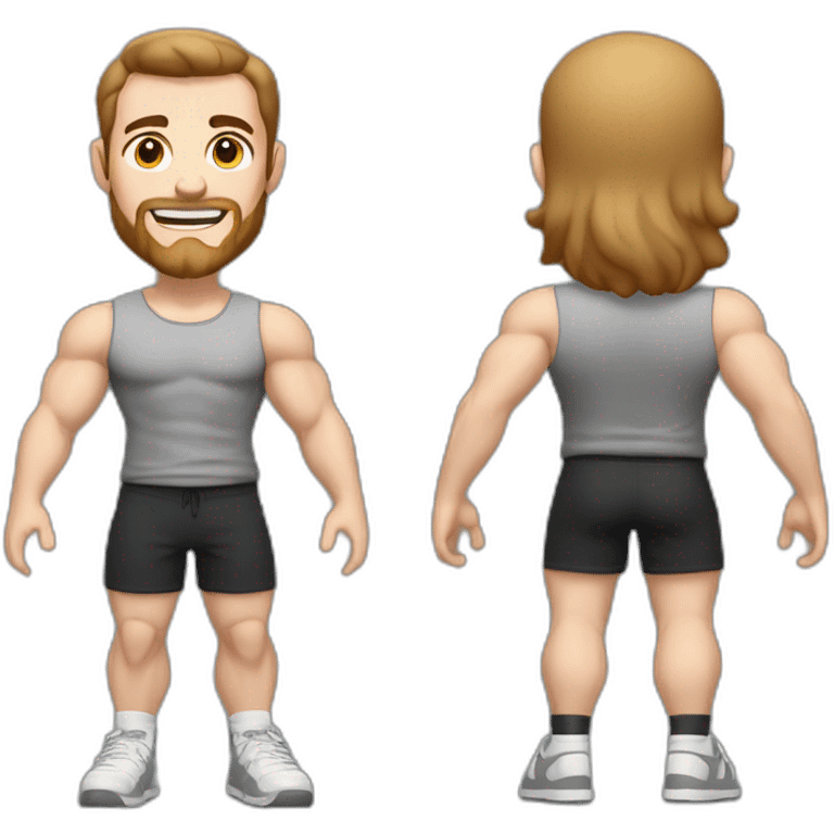 Full height Actively gesturing with hands Pale skinned Fit Man With the biceps and brown hair in dark gray Sleeveless Mike, black oversize sports shorts, watch and white Sneakers emoji