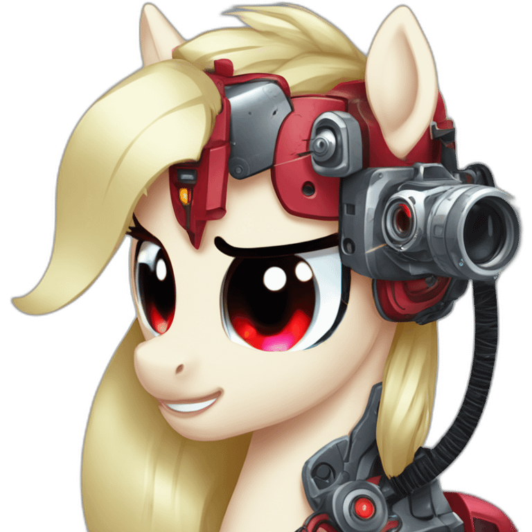 cyborg mlp pony with red mechanical eye prosthesis with camera lens, cyber implants, cyberpunk emoji