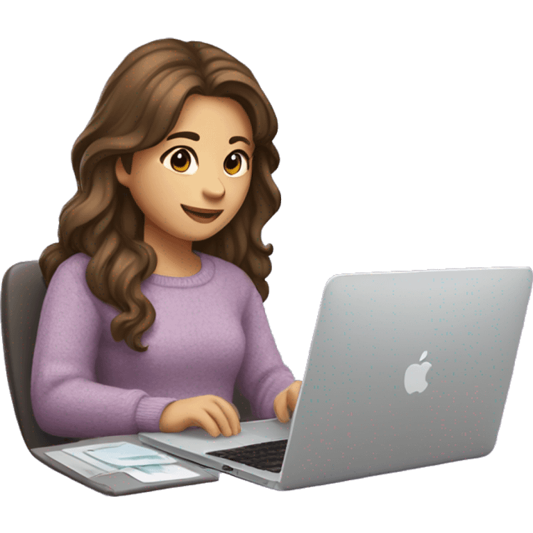 female coder with apple laptop in front of her, very long wavy brown hair, brown eyes, facing the right side looking at the laptop, lavender sweater, no glasses emoji