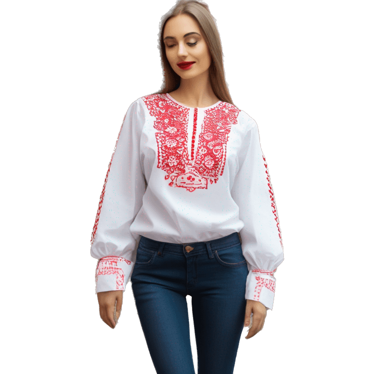 Long sleeve Blouse vyshyvanka, white with red embodiary on sleeves emoji