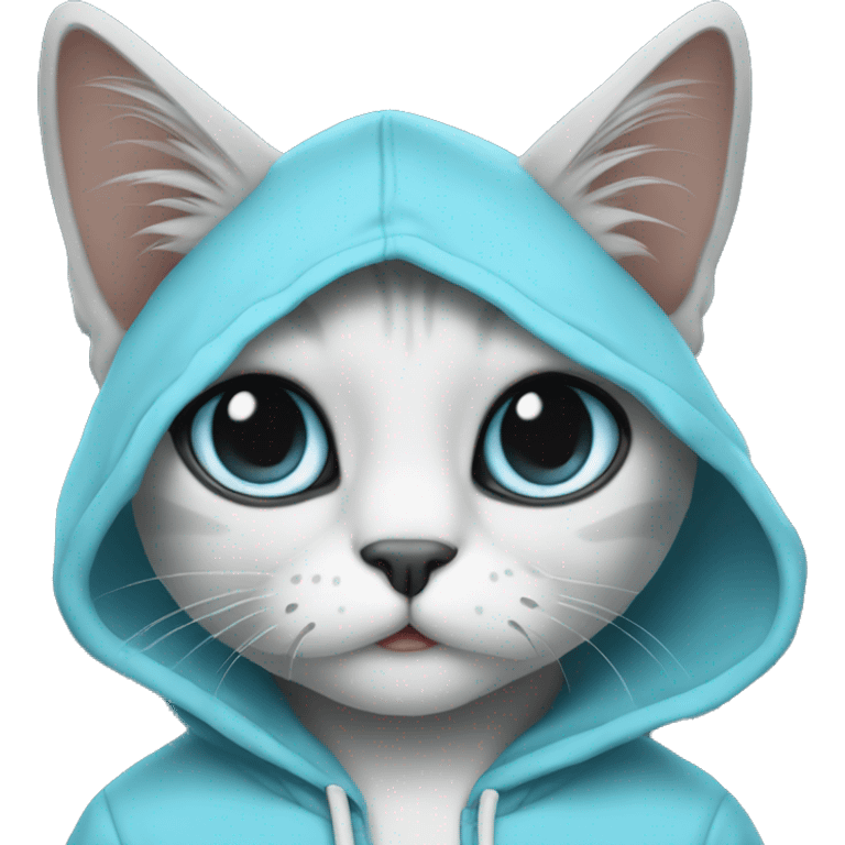 Cat wearing baby blue hoodie and a black MacBook emoji