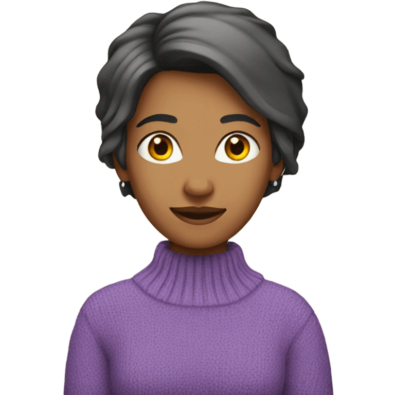 Indian Woman short hair to her ears, wearing a purple sweater, jeans a emoji