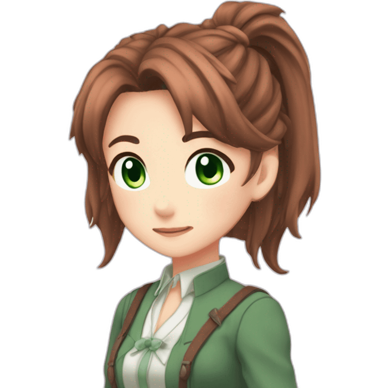 Monika from Doki Doki Literature Club, long corral-brown hair, green eyes, ponytail hair emoji