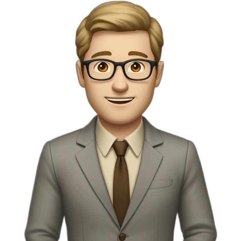 Full height Actively Gesturing Pale skinned fit man with dark brown hair in gray jacket, beige office shirt, brown tie, brown pants and vintage glasses. emoji