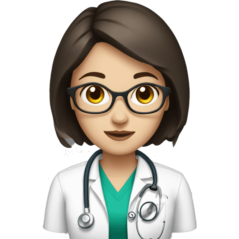 White girl with dark brown short hair with stethoscope emoji