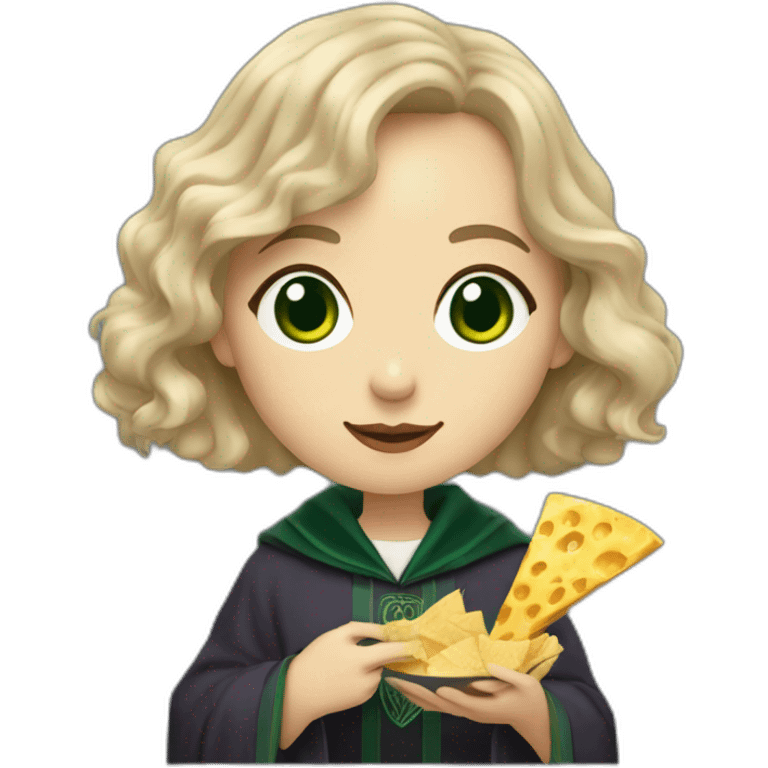 Slytherin girl with short wavy ash blonde bob hair and blue eyes eating chips and cheese hogwarts robe emoji