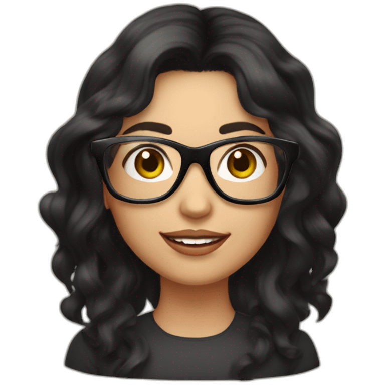 young peach skin woman with long black wavy hair and square black glasses on computer emoji