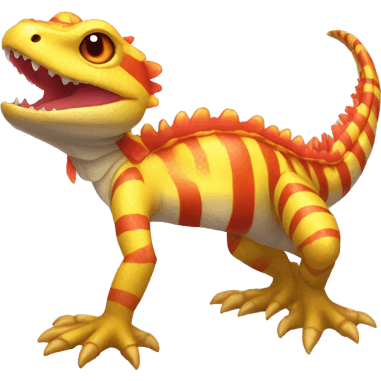 A Yellow Shiny Anthro-Scalie-Lizard-Reptile-Salamander-Fakémon with red stripes and orange frills Full Body emoji