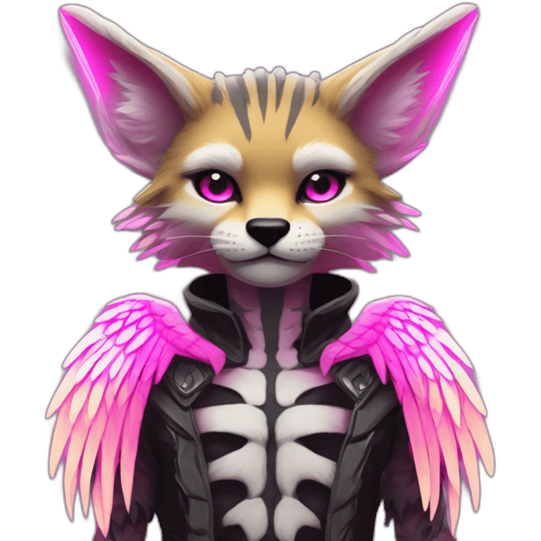 Coyote ocelot standing with grey and black fur and phoenix wings on back and pink ears half skeleton, neon lights emoji