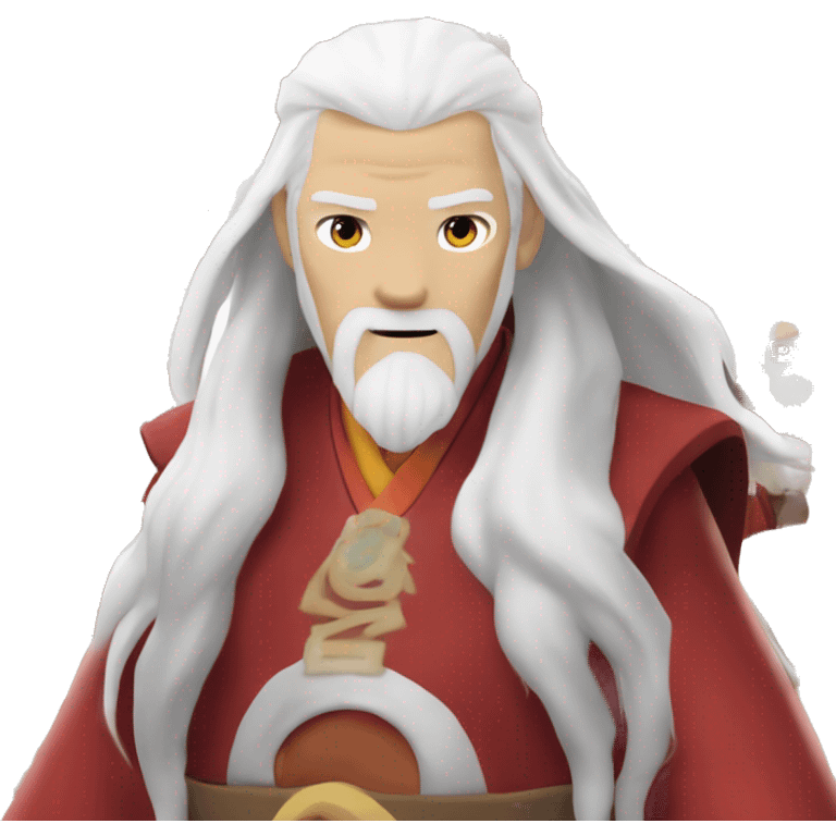 avatar roku from avatar the last airbender. he is a white older man, and have long white hair and a long white beard in a fire nation red color in hex color 6e0c00. he needs to be in the red uniform. he should not have a head covering emoji