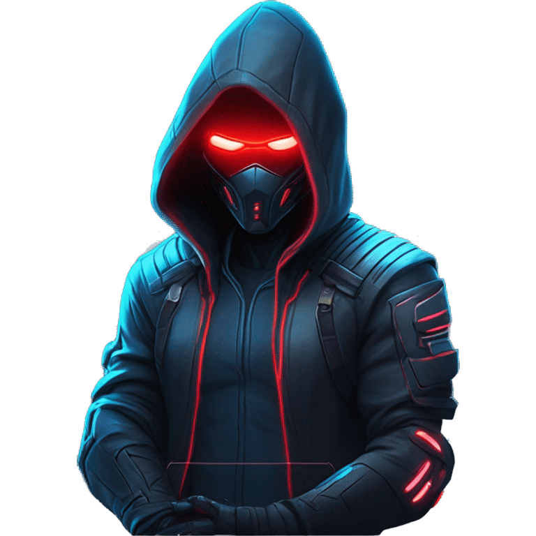 developer behind his laptop with this style : crysis Cyberpunk Valorant neon glowing bright red character blue black hooded assassin themed character emoji