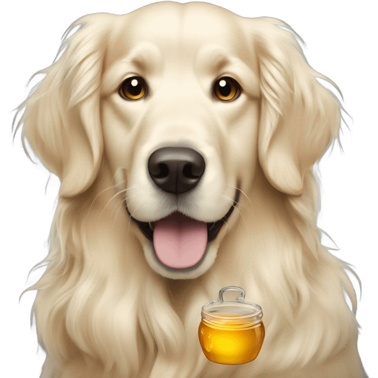 White English cream long haired curly golden retriever with honey pot emoji