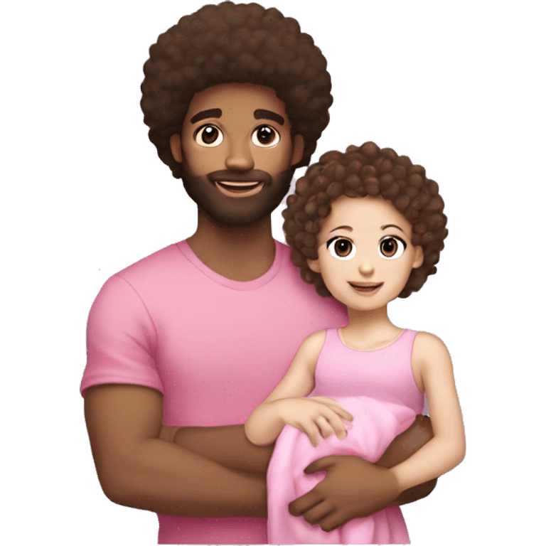 Lightskin guy with afro hair and a Brown haired white girl Holding a baby with dark short hair and pink clothes emoji