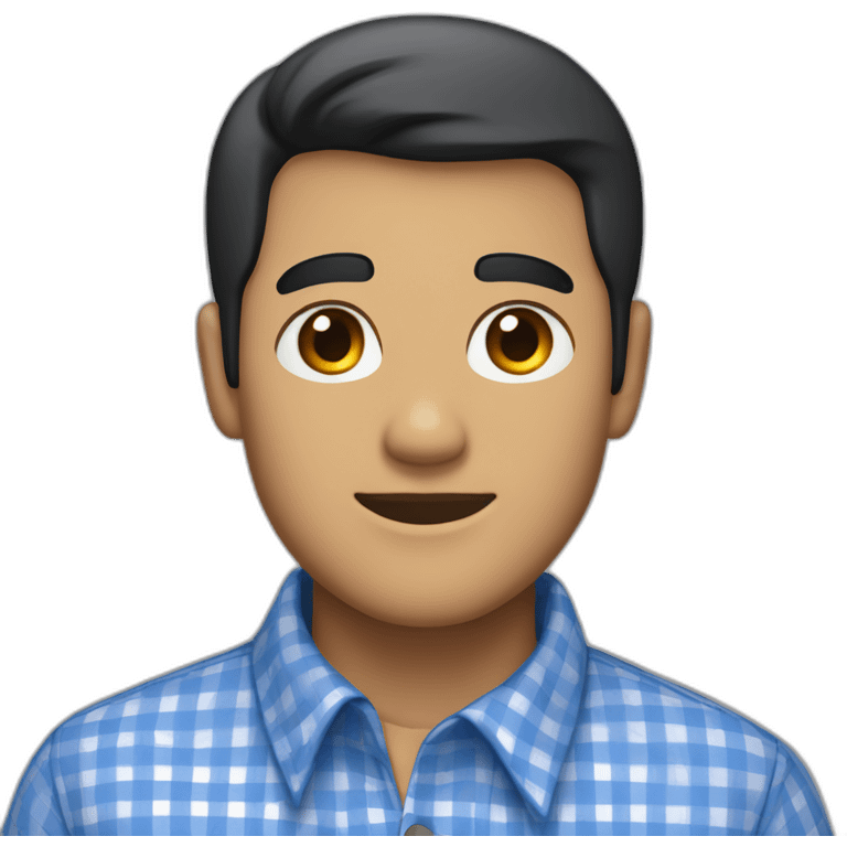 Tan man with short black hair and a gingham white/marine blue buttoned collar shirt emoji