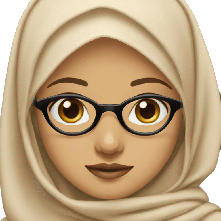 Girl in hijab, with plump lips and glasses, brown eye color, light skin color, long eyelashes, beige hijab color, beige sweater beige emoji