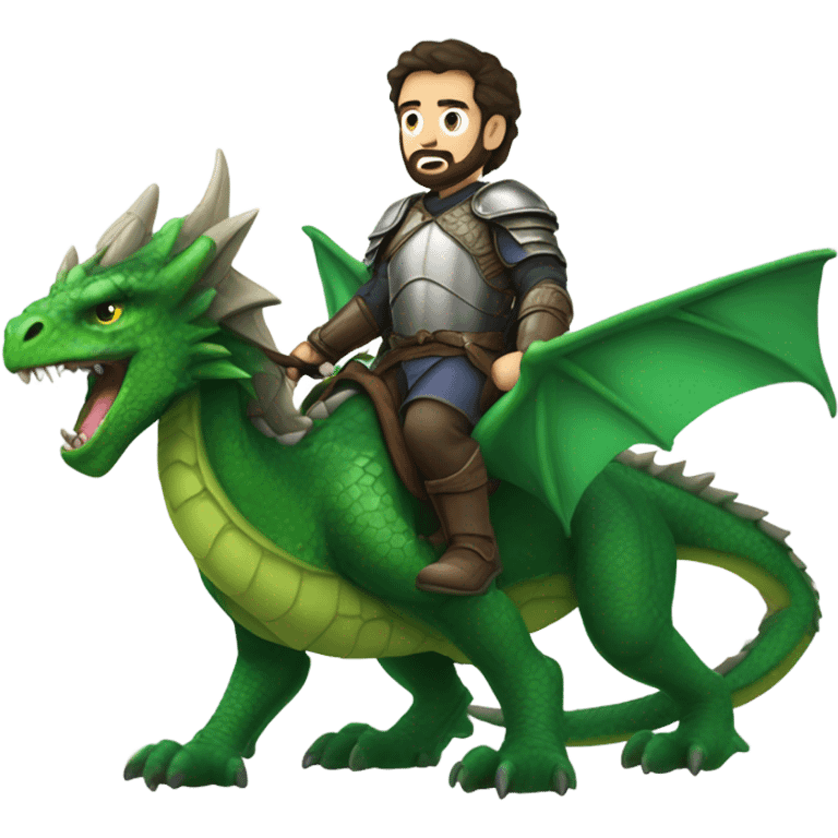 Determined armored White Man with dark brown hair and a short beard riding on the back of a giant green dragon emoji