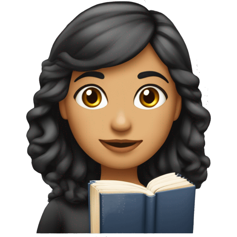 Chica morena clara de cabello ondulado color negro estudiando llena de libros y apuntes y el ordenador  emoji