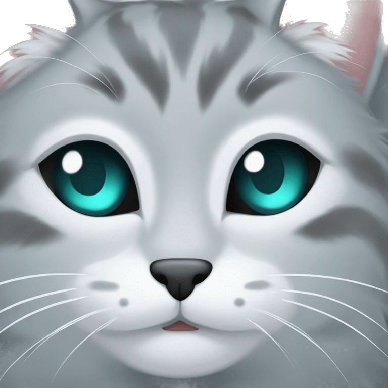 gray cat with teal eyes and white fur around mouth and eyes emoji