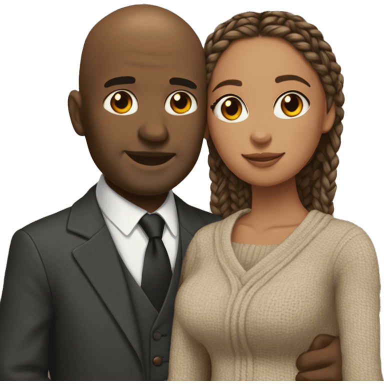 Black bald man in suit and tie hugging light brown woman with braids in sweater dress emoji