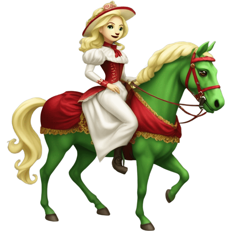 "galora green blonde alien woman" in red Victorian elegant dress, full body, rides horse gold and white
 emoji