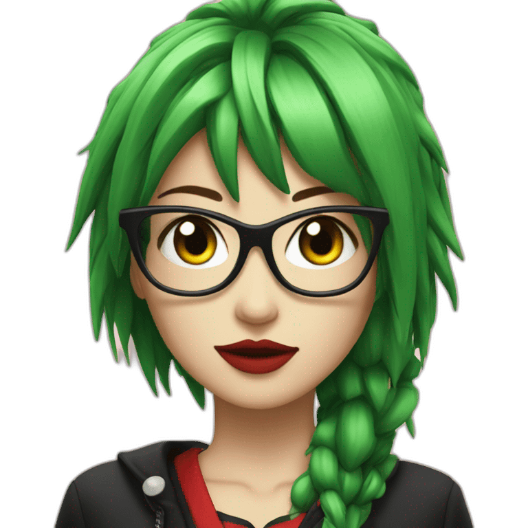 A Japanese Woman With Long Spiky Black And Red Hair And Red Make Up. Green Eyes. Punk. Glasses.  emoji