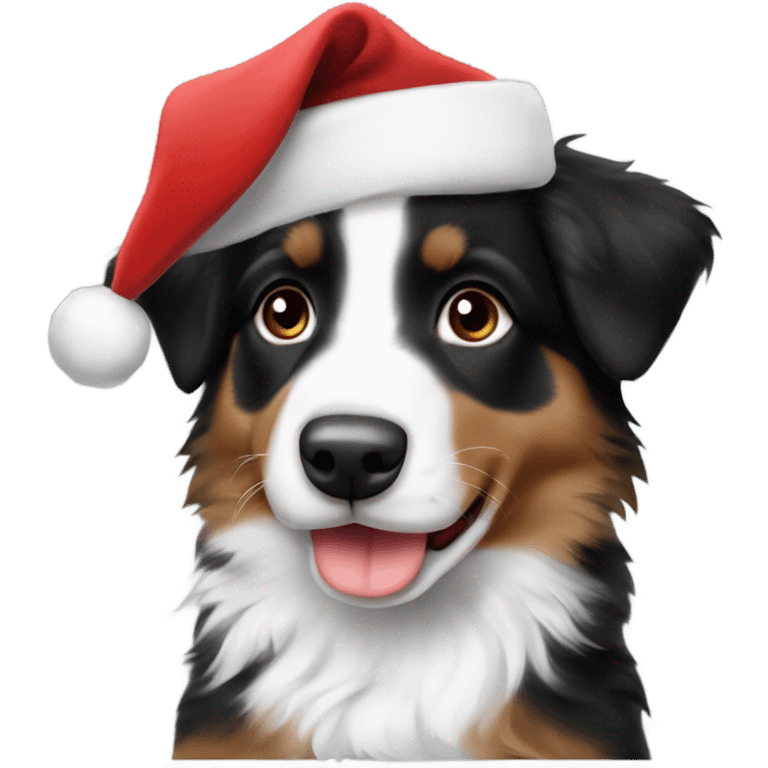 black white and brown australian shepherd puppy with santa hat emoji