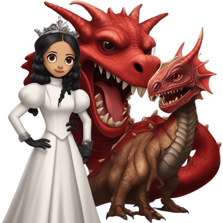 surprised Lavish Victorian evening gown with gloves, Jenna Ortega as Addams girl Jedi wearing a steampunk mini tiara, standing next to a very large blood red evil-looking horned dragon emoji