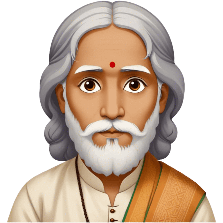 Rabindranath Tagore – Cinematic Realistic Portrait of Rabindranath Tagore, depicted with thoughtful, soulful eyes and gentle features, dressed in traditional Bengali attire with subtle artistic motifs, bathed in warm, soft lighting that evokes his poetic genius and timeless wisdom. emoji