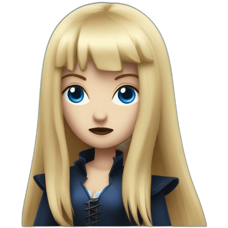 beautiful vampire woman with long blonde hair and blonde straight bangs and blue eyes wielding knives serious expression emoji